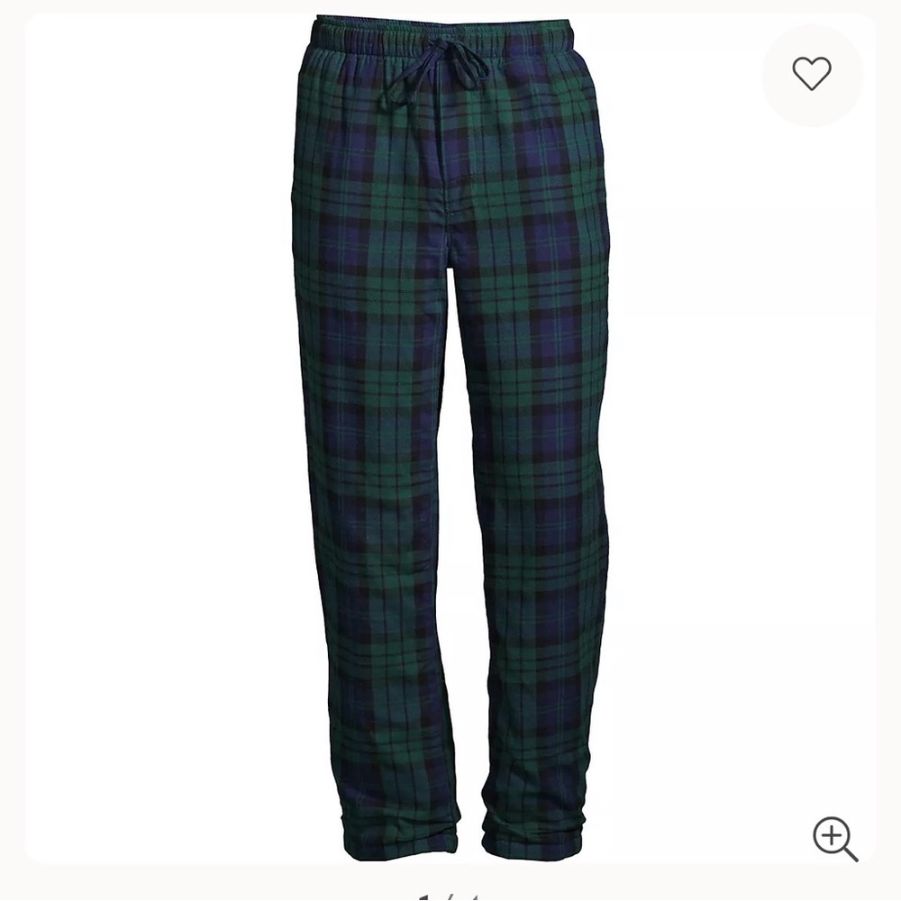 Lands' End Navy and Green Plaid Fleece Lined Pajama Bottoms